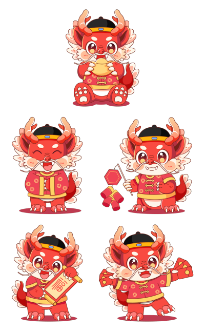 素材组合-新春春节过年除夕龙年卡通手绘中国风龙免抠元素