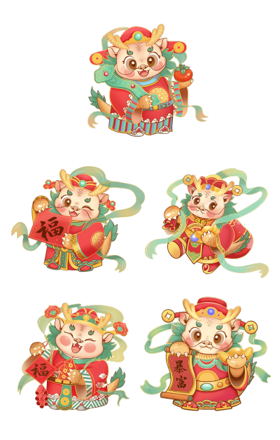 素材组合-春节新年国潮过年新春除夕中国风插画国潮卡通龙组合免抠元素、新春春节过年除夕龙年国潮卡通手绘中国风龙组合场景免抠元素